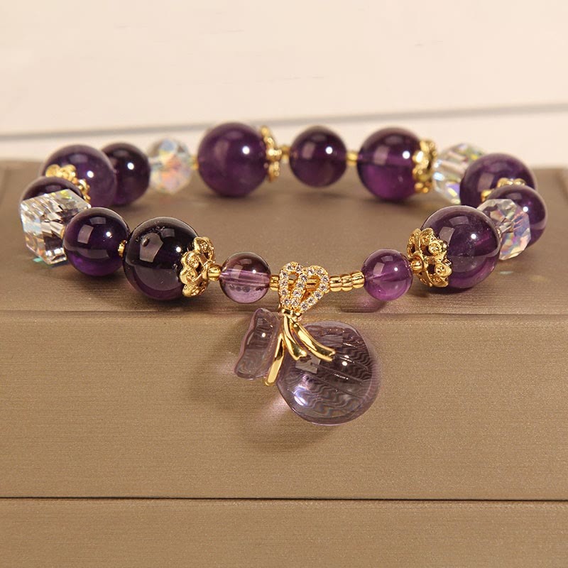 Natural Amethyst Crystal Money Bag Charm Positive Bracelet