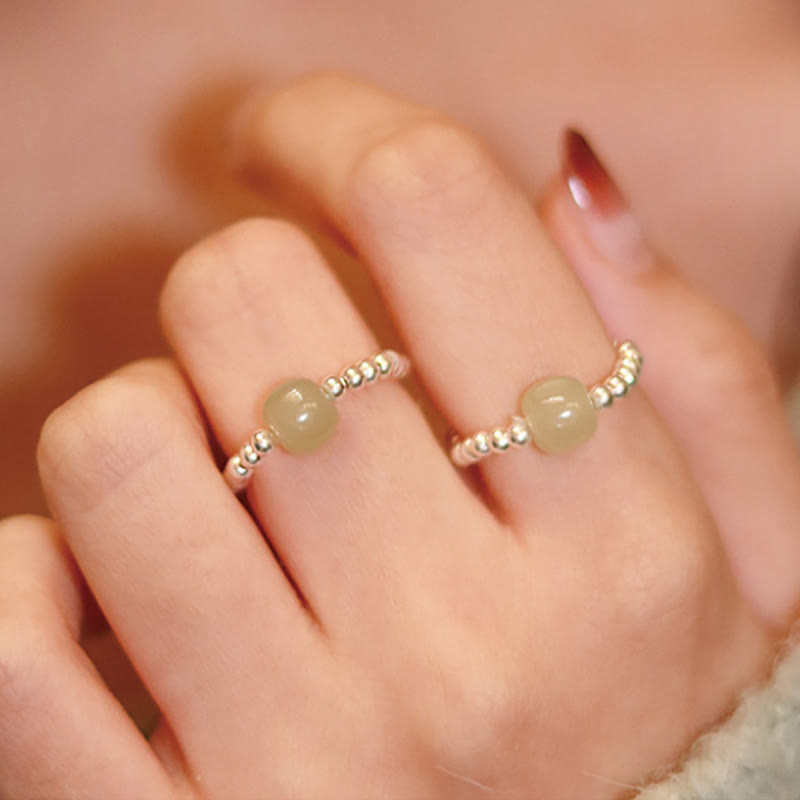 925 Sterling Silver Natural Small Hetian Jade Red Agate Pearl Bead Prosperity Elastic Ring