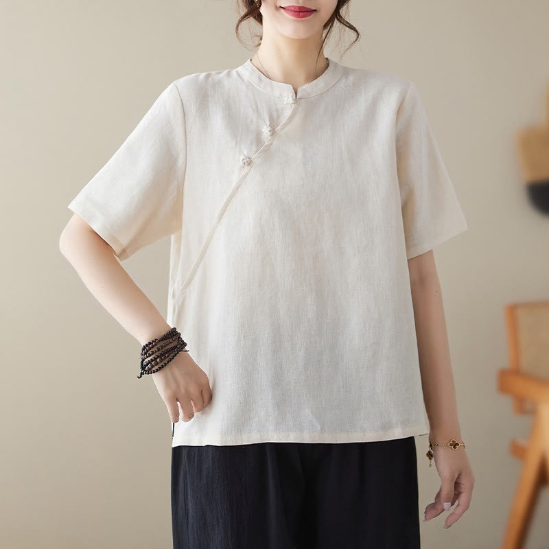 Solid Color Frog-Button Short Sleeve Cotton Linen Shirt