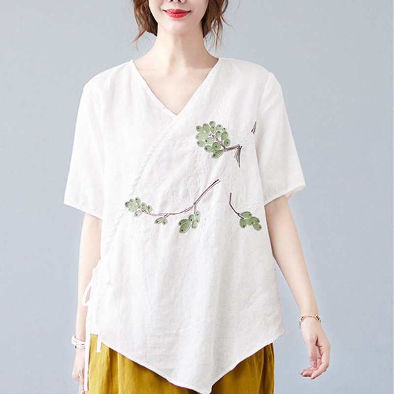 Summer Casual Ethnic Embroidery Flower Lace-up Short Sleeve V-neck Cotton Linen Women's T-Shirt