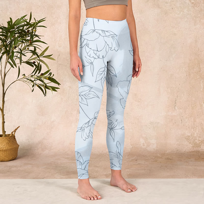 Peony Flower Leaves Print Gym Leggings Women's Yoga Pants