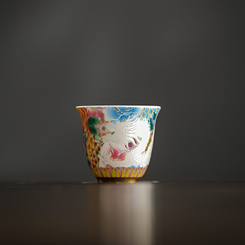Dragon Phoenix Flowers Ceramic Teacup Kung Fu Tea Cup 50ml