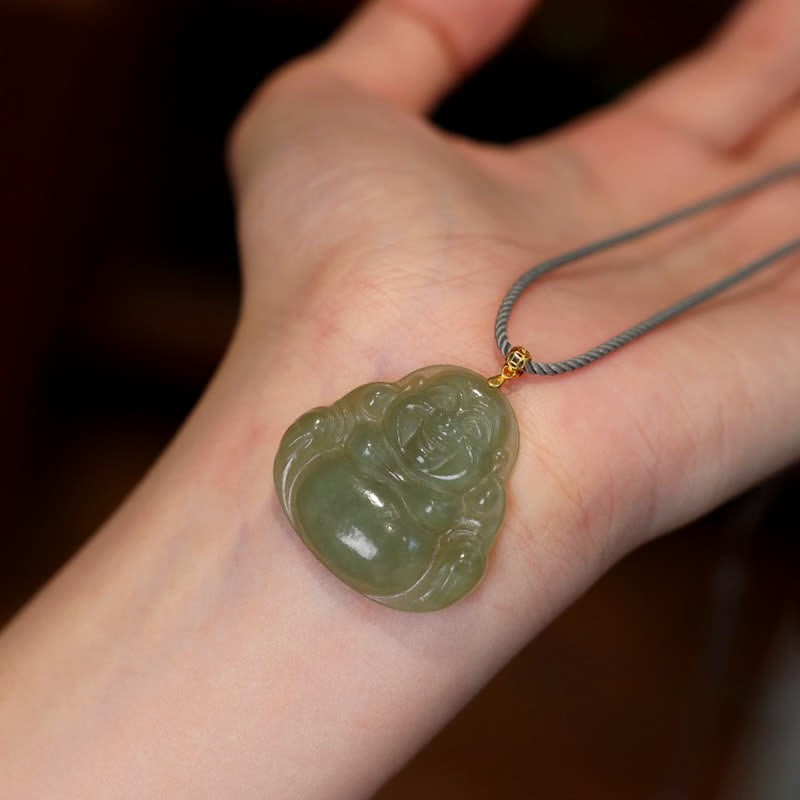 18K Gold Laughing mystic zen Jade Abundance Necklace String Pendant