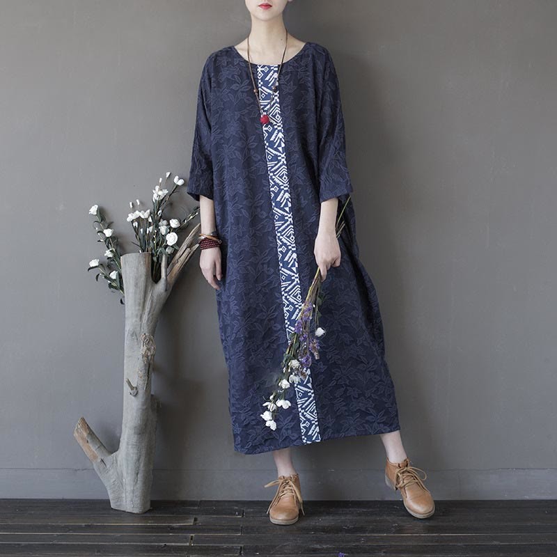 Blue Flowers Embroidery Jacquard Midi Dress Three Quarter Sleeve Cotton Dress With Pockets