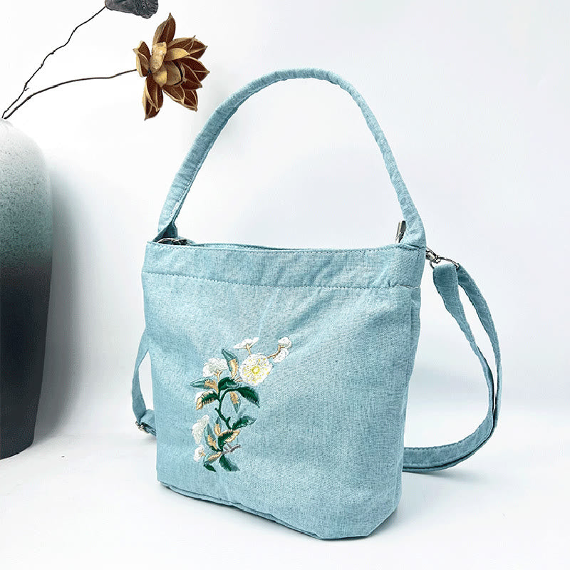 Embroidery Wisteria Plum Lotus Cherry Blossom Cotton Linen Canvas Tote Crossbody Bag Shoulder Bag Handbag