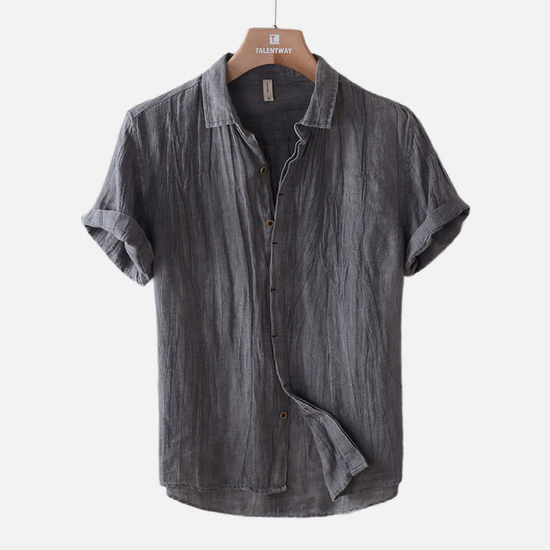 Men's Shirt Solid Color Lapel Top Short Sleeve Comfy Button Crease Linen Shirt
