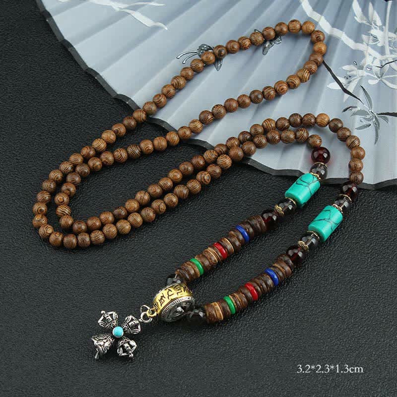 Tibetan Om Mani Padme Hum Prayer Wheel Rotation Vajra Wood Necklace Pendant