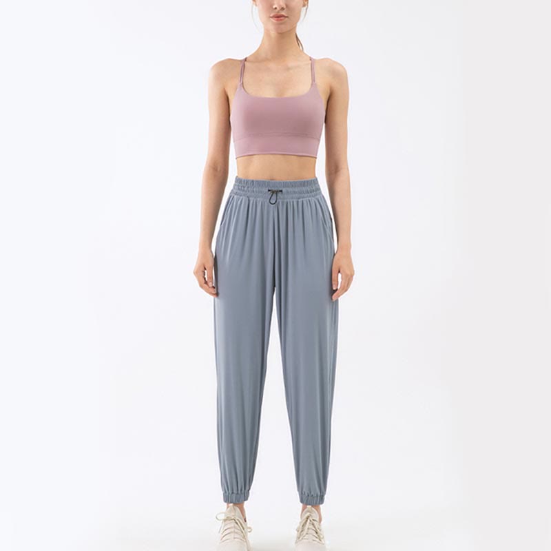 Solid Color Loose Yoga Sports Track Pants With Pockets