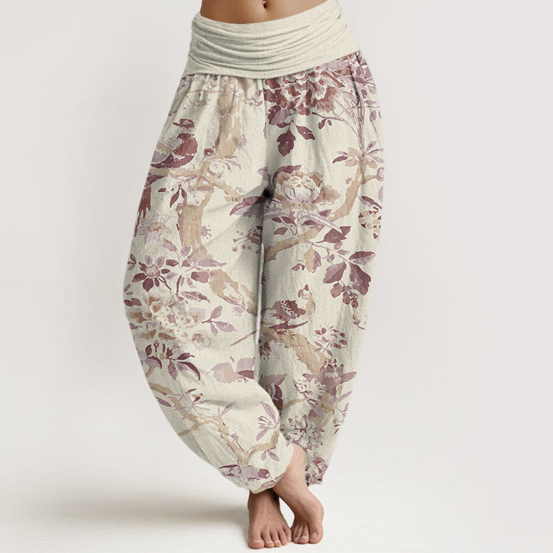 Birds Branches Flowers Pattern Women's Elastic Waist Harem Pants