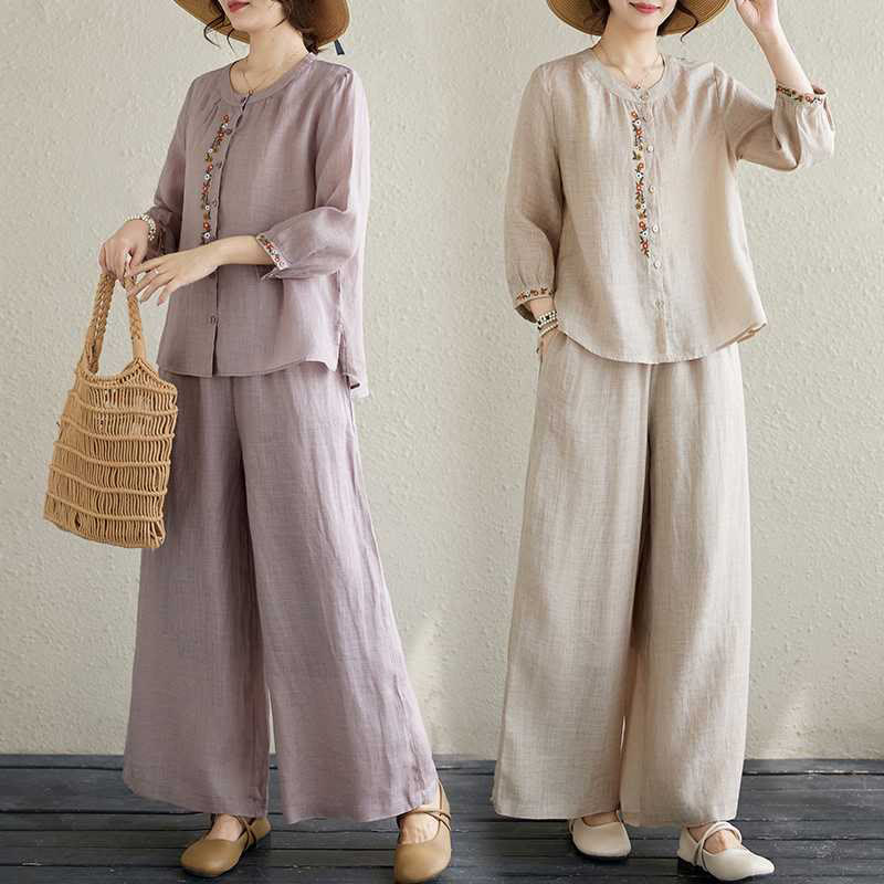 2Pcs Cotton Embroidery Flowers Shirt Top Pants Meditation Zen Tai Chi Clothing Women's Set