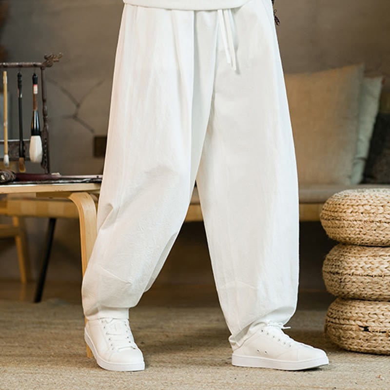 Solid Color Cotton Linen Drawstring Men's Harem Pants With Pockets