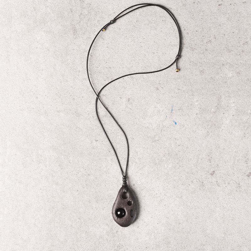 Ebony Wood Hollow Inlaid Obsidian Peace Calm Necklace Pendant