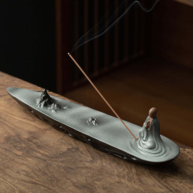 mystic zen Monk Ceramic Sea Wave Mountain Blessing Incense Burner Decoration