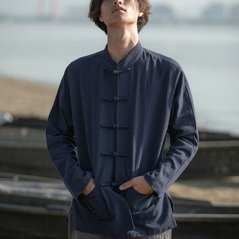 Stand Collar Tang Suit Casual Cotton Linen Shirt