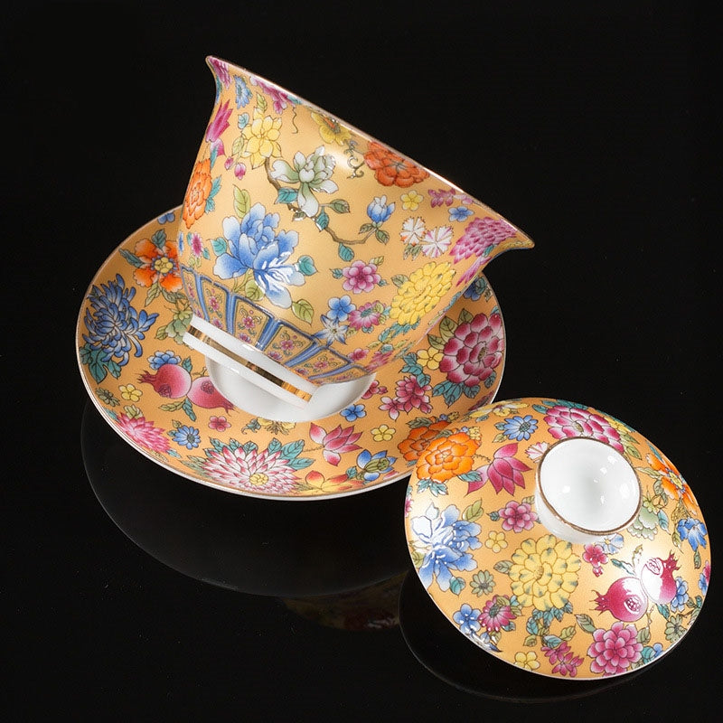 Peony Flowers Ceramic Gaiwan Sancai Teacup Kung Fu Tea Cup And Saucer With Lid