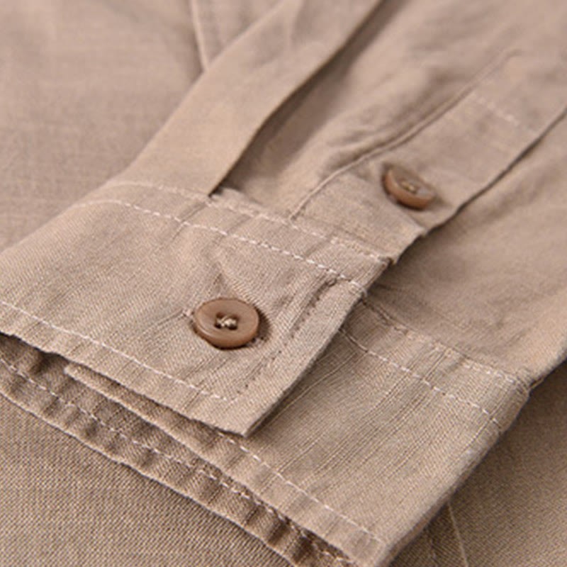 Men's Long Sleeve Stand Collar With Pocket Pure Color Casual Cotton Linen Shirt