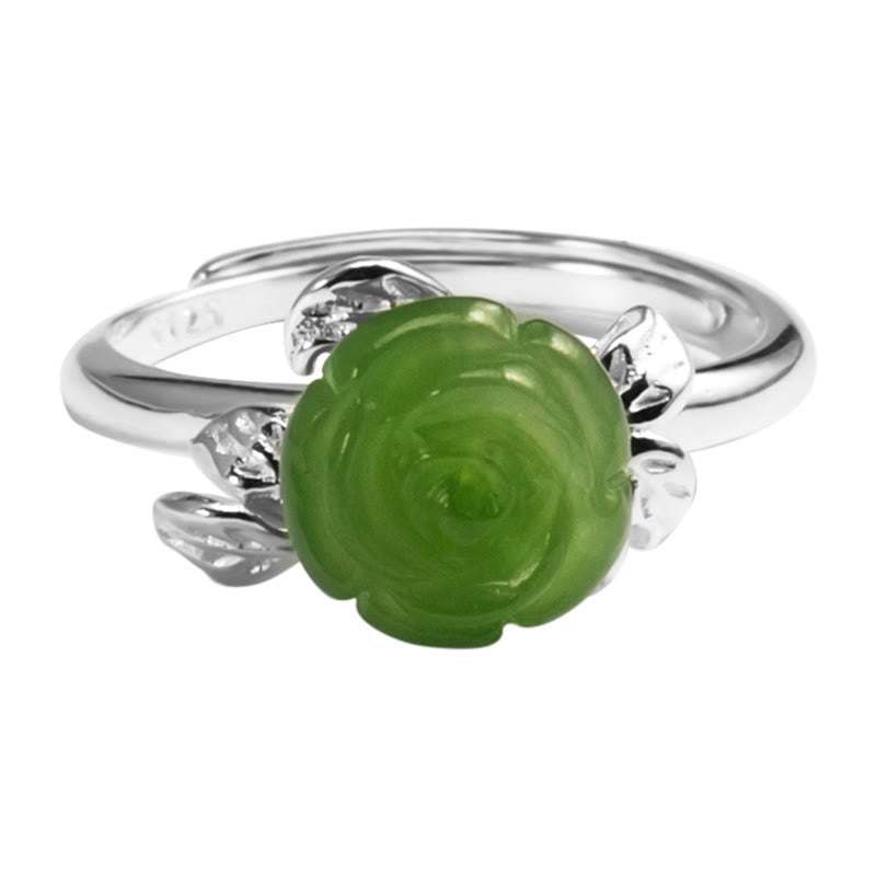 925 Sterling Silver Jade Green Rose Luck Adjustable Ring