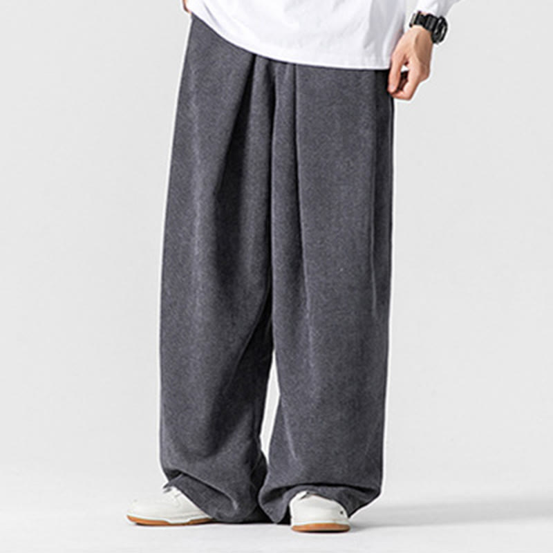 Solid Color Cotton Corduroy Men's Wide Leg Pants With Pockets