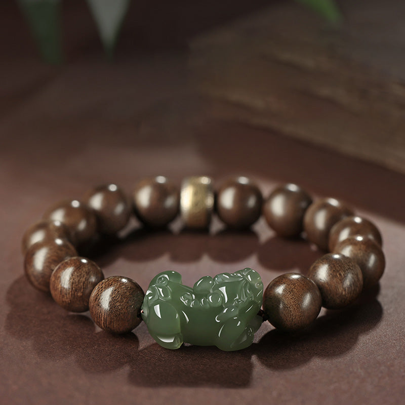 925 Sterling Silver Brunei Agarwood PiXiu Jade Peace Strength Bracelet