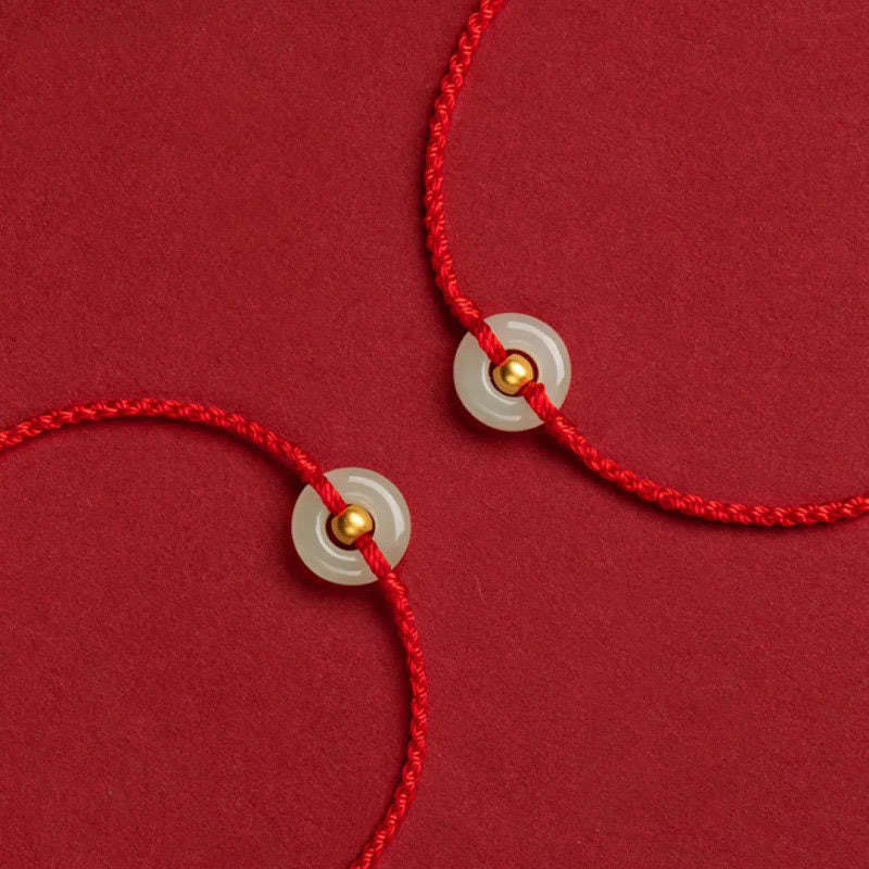 999 Gold Bead Round Peace Buckle Hetian Jade Luck Abundance Braided Bracelet Anklet