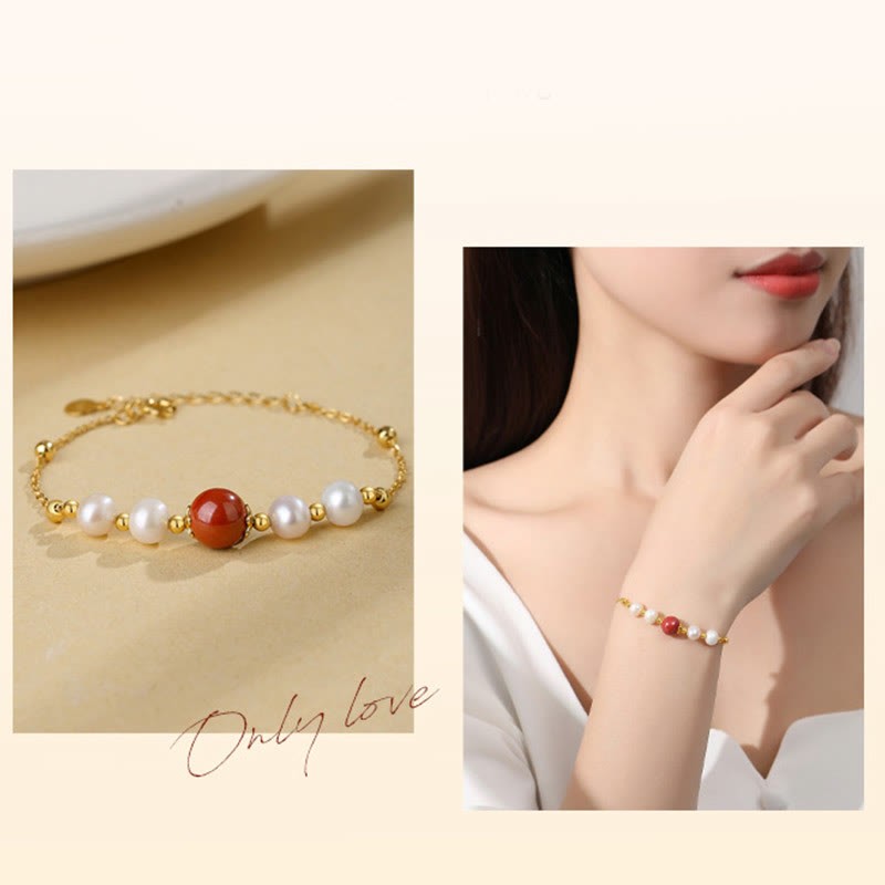 925 Sterling Silver Pearl Cinnabar Healing Bead Chain Bracelet