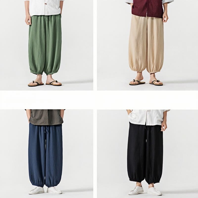 Soft Solid Color Drawstring Cotton Men's Pants With Pockets