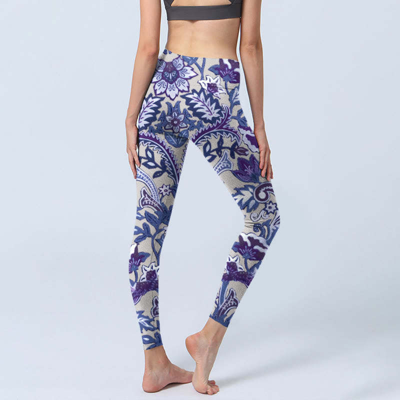 Purple Flower Leaves Print Gym Fitness Leggings Women's Yoga Pants