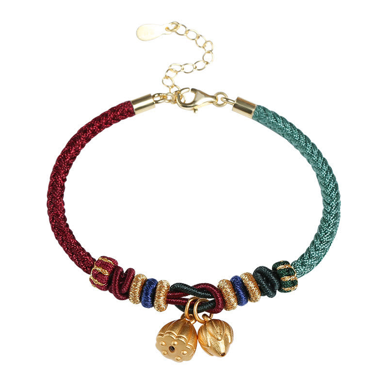 999 Sterling Silver Lotus Pod Design Luck Red Green String Bracelet