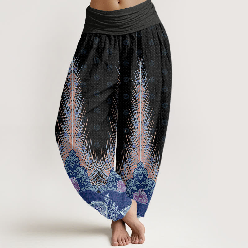 Feather Pattern Design Women's Elastic Waist Harem Pants