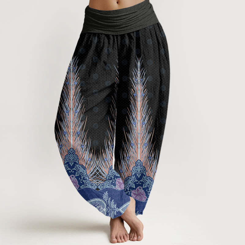 Feather Pattern Design Women's Elastic Waist Harem Pants