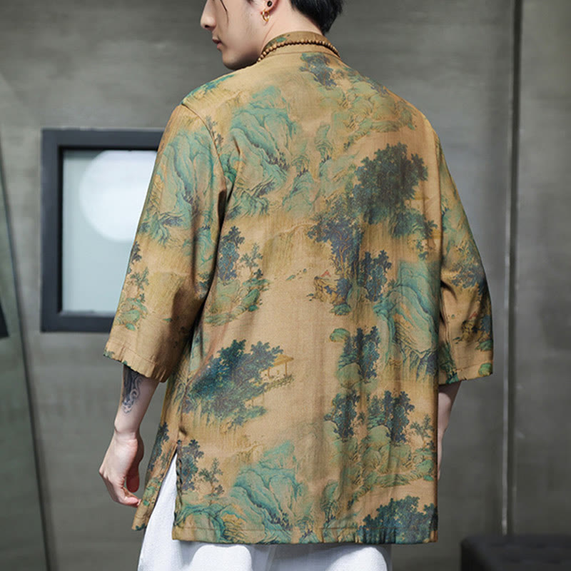 Landscape Chinese Dragon Pattern Chinese Three Quarter Sleeve Shirt Men T-shirt