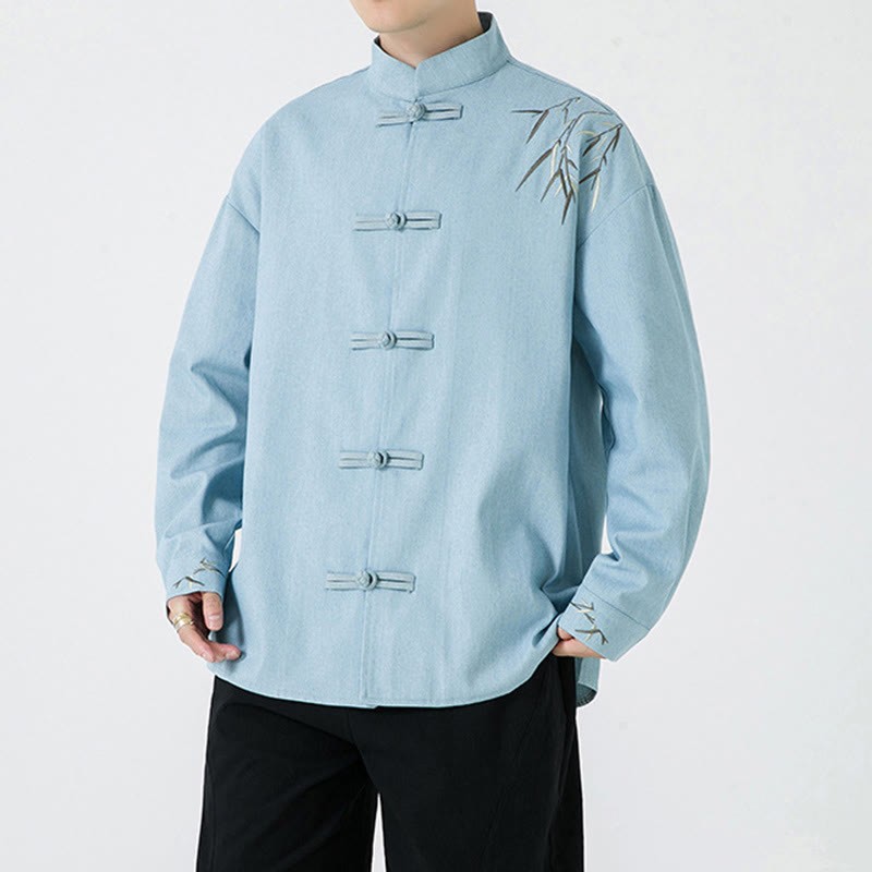 Bamboo Leaves Design Frog-button Tang Suit Cotton Men's Jacket Shirt