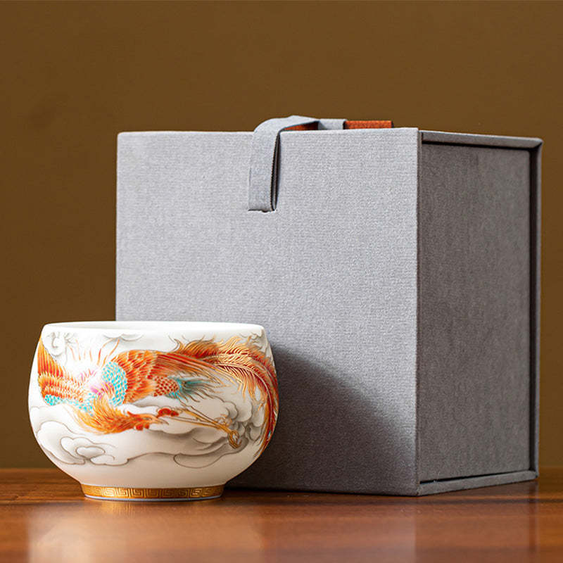 Dragon Phoenix Auspicious Clouds Ceramic Teacup Kung Fu Tea Cup With Gift Box
