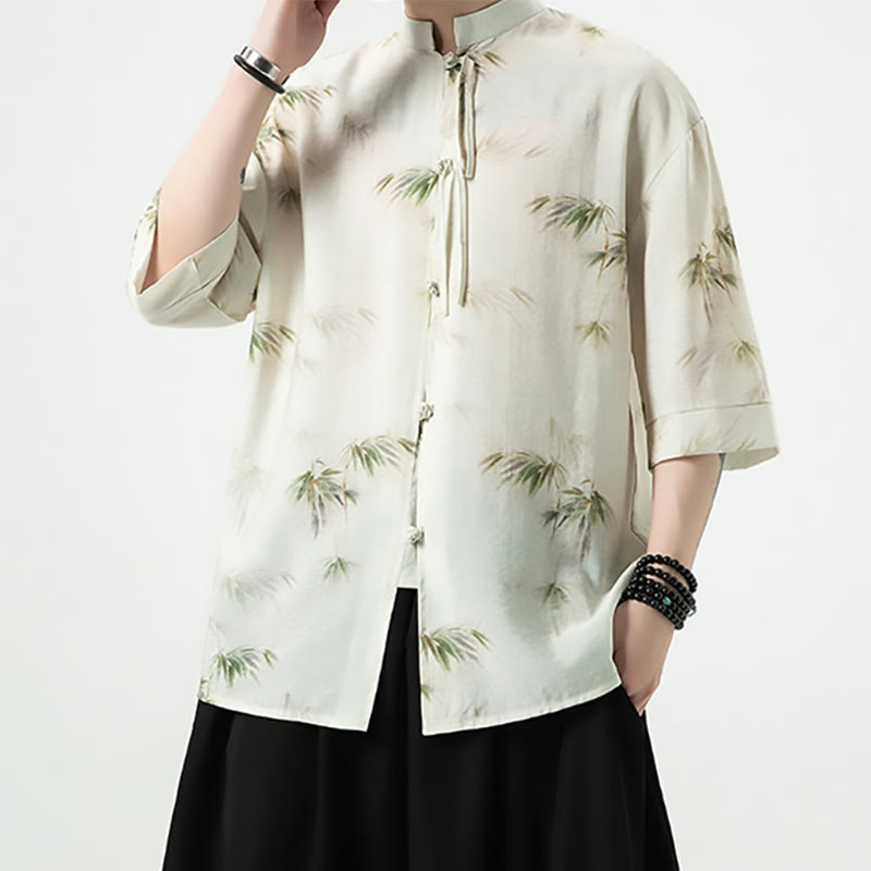 Green Yellow Bamboo Leaves Print Half Sleeve Shirt Men's T-shirt