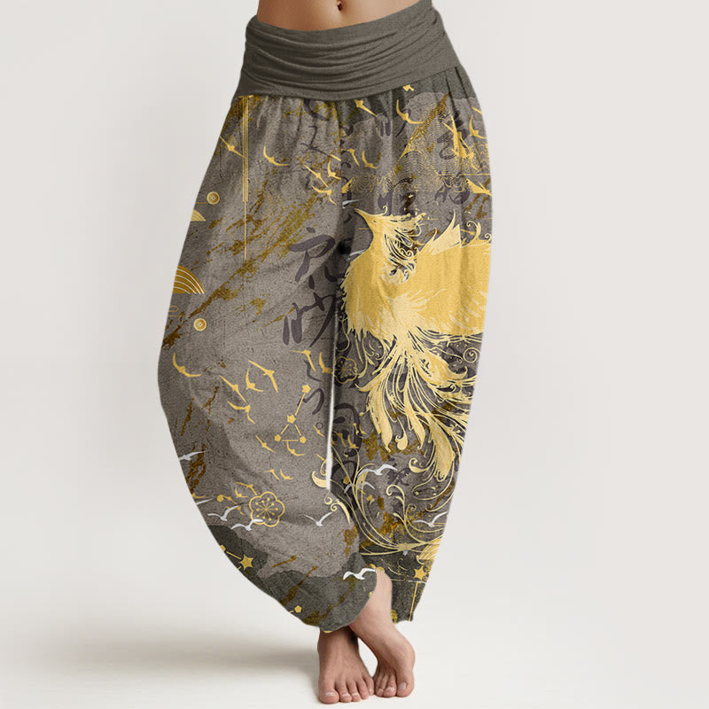 Casual Phoenix Waves Calligraphy Pattern Women's Elastic Waist Harem Pants