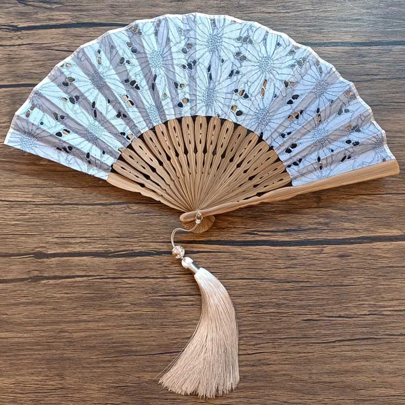 Solid Color Hollow Flowers Embroidery Cotton Fabric Handheld Bamboo Folding Fan