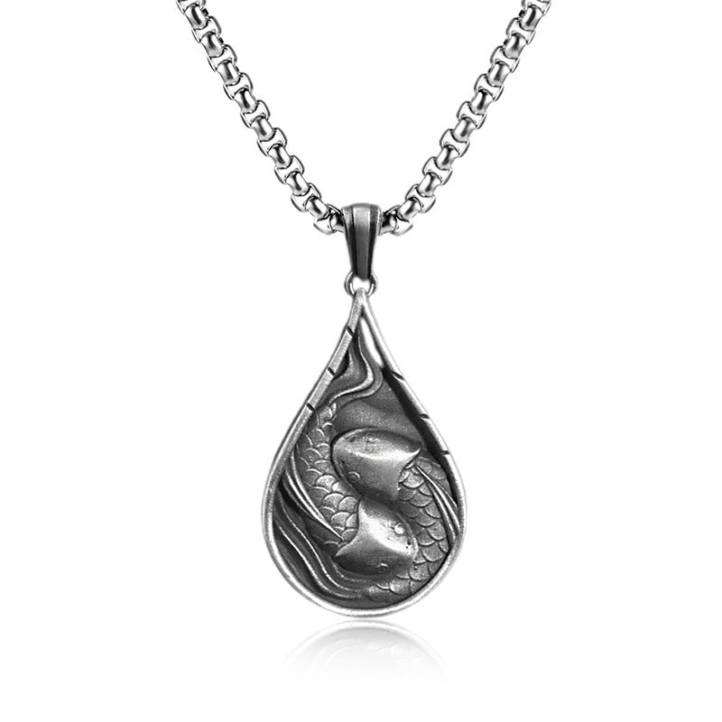 Double Lucky Koi Fish Prosperity Pure Tin Water Drop Pattern Necklace Pendant