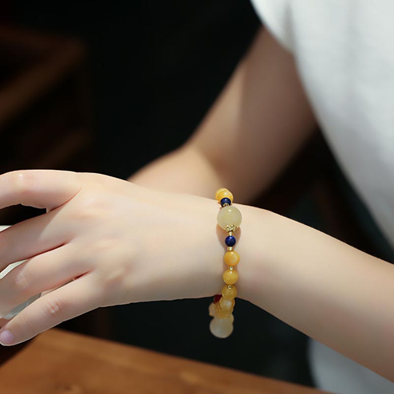 Natural Golden Silk Jade Gourd Charm Wealth Luck Bracelet