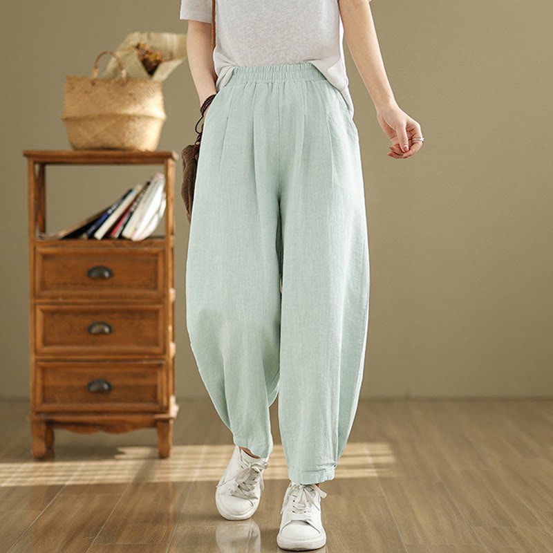 Casual Solid Color Tapered Elastic Waistband Cotton Linen Women's Pants With Pockets