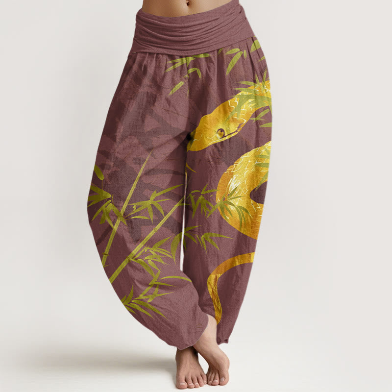 Snake Surrounding Bamboo Pattern Women's Elastic Waist Harem Pants