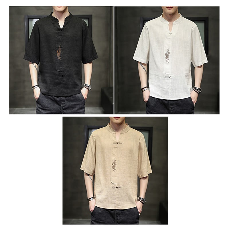 Frog-Button Phoenix Embroidery Chinese Tang Suit Short Sleeve Shirt Cotton Linen Men Clothing