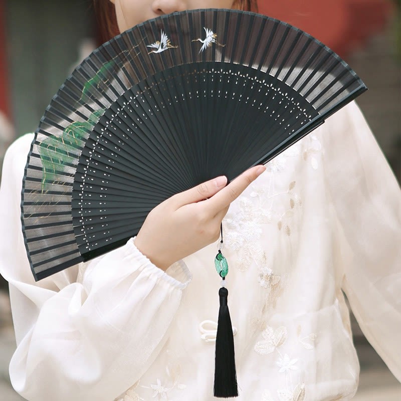 Retro Mountain River Crane Silk Handheld Bamboo Folding Fan