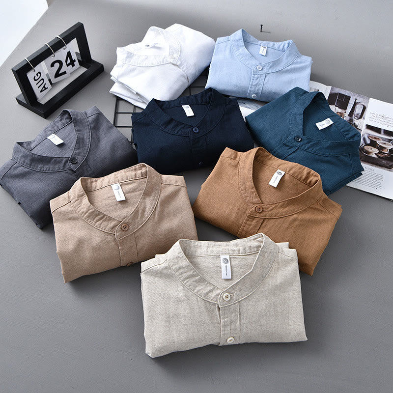 Men's Long Sleeve Stand Collar With Pocket Pure Color Casual Cotton Linen Shirt