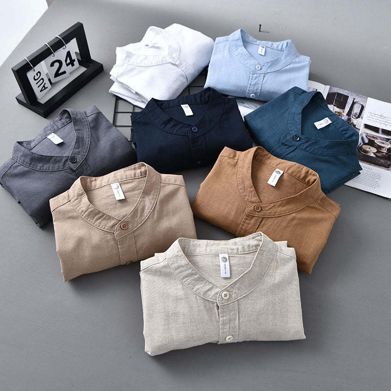 Men's Long Sleeve Stand Collar With Pocket Pure Color Casual Cotton Linen Shirt
