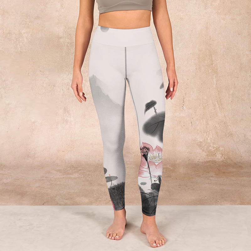 Ink Painting Lotus Flower Leaf Print Gym Fitness Leggings Women's Yoga Pants
