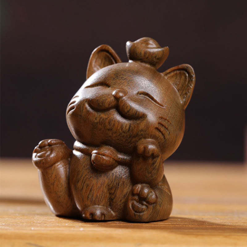 Mini Green Sandalwood Ingot Lucky Cat Carved Peace Desk Decorations