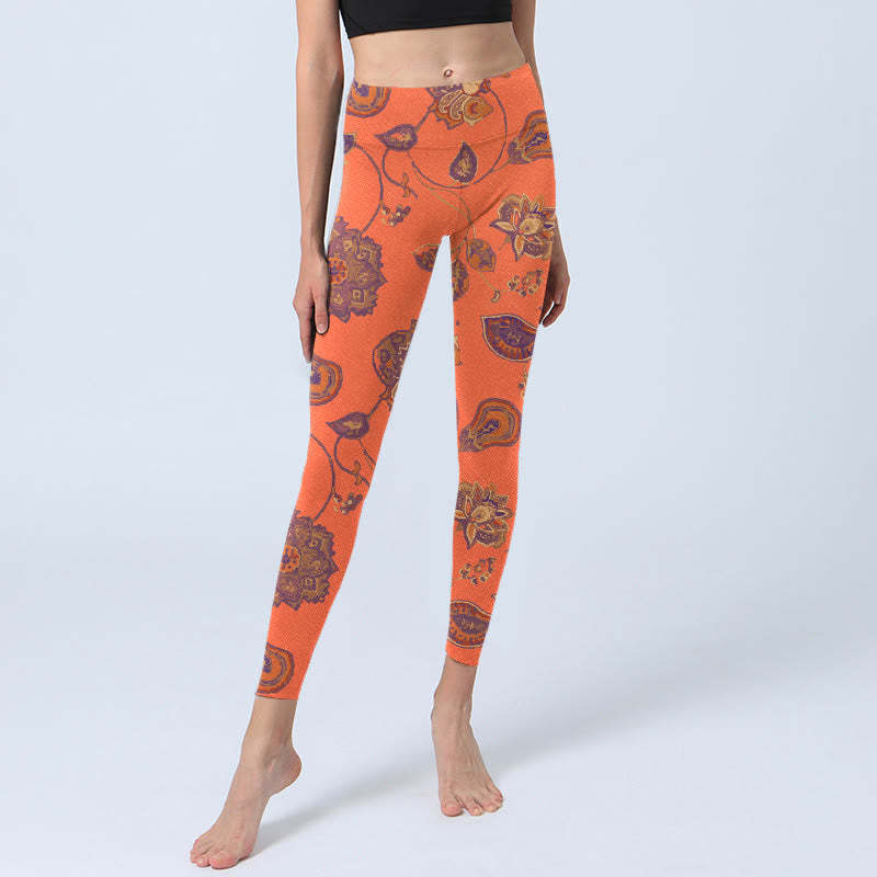 Orange Maple Leaves Flowers Print Gym Leggings Women's Yoga Pants