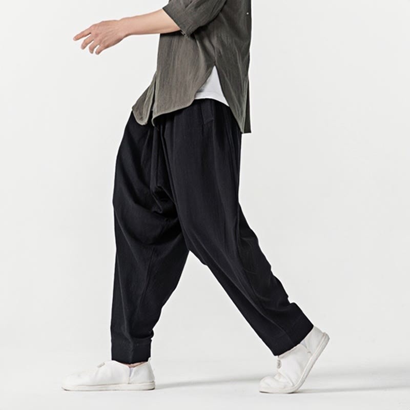 Solid Color Drawstring Men's Harem Pants With PocketsAnkle-Length (9 Length)