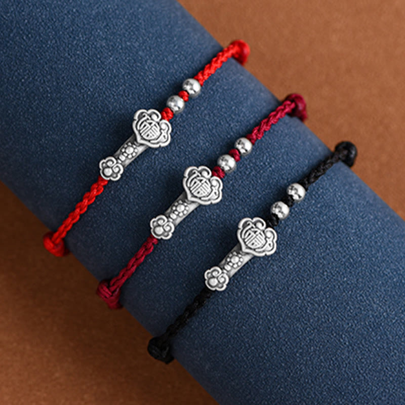 Handmade 999 Sterling Silver Fu Character Wish Ruyi Handle Fortune Rope Bracelet Anklet