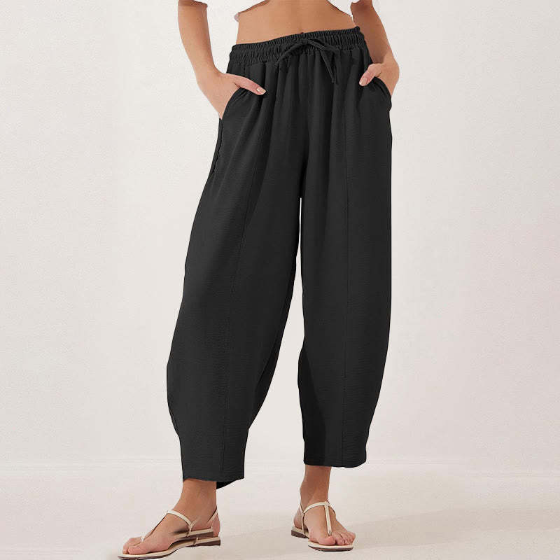 Casual Plain Loose Drawstring Women's Polyester 7/8 Length Pants  With Pockets